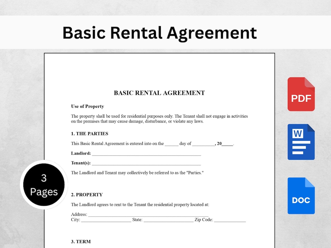 Basic Rental Agreement Template | Editable Lease Contract | Printable ...