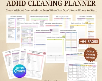 ADHD Cleaning Planner Bundle | Clean Without Overwhelm | Schedules, Checklists & Chore Charts | Canva Editable
