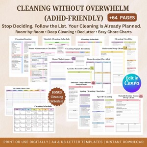Op de afbeelding: Een verzameling afdrukbare schoonmaakschema's en checklists met de tekst "CLEANING WITHOUT OVERWHELM (ADHD-FRIENDLY)". De pagina's bevatten schoonmaakgidsen per kamer, taakdiagrammen en een bonusschoonmaakschema. Het ontwerp is kleurrijk.