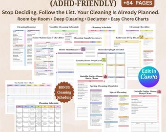 May include: A collection of printable cleaning schedules and checklists with the text "CLEANING WITHOUT OVERWHELM (ADHD-FRIENDLY)". The pages include room-by-room cleaning guides, chore charts, and a bonus cleaning schedule. The design is colorful with pastel hues.