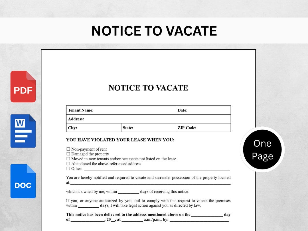 Printable Notice to Vacate Template | Landlord Lease Termination (PDF ...