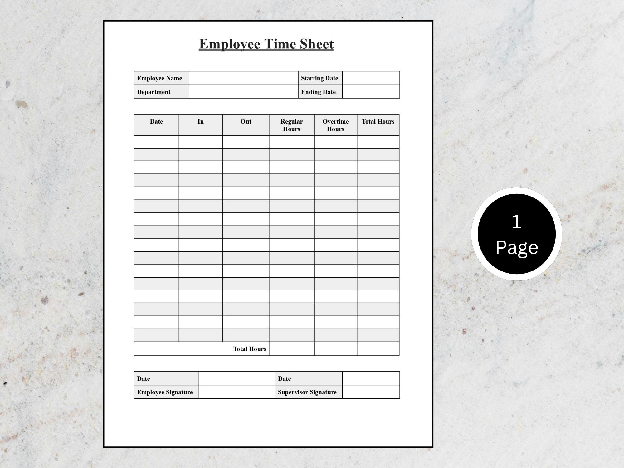 Editable Employee Time Sheet Template | Printable Time Card & Work ...