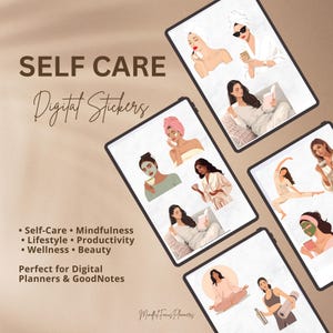 May include: Digital stickers with a self-care theme. The image shows illustrations of women engaged in various self-care activities, such as applying face masks, reading, and practicing yoga. The text reads "SELF CARE Digital Stickers."