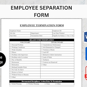 May include: Employee Termination Form with fields for employee information, reasons for termination, and disciplinary actions. Includes checkboxes for voluntary and involuntary termination reasons. The form is labeled "One Page" and includes Word, Doc, and PDF icons.
