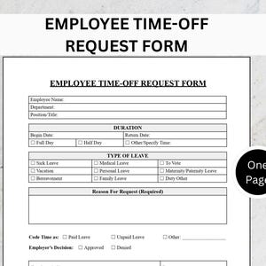 May include: White employee time-off request form with the title "EMPLOYEE TIME-OFF REQUEST FORM". Includes fields for employee name, department, and leave details. Icons for Word, Doc, and PDF files are on the left.