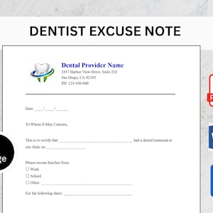 Könnte beinhalten: Eine Vorlage für eine Zahnarzt-Entschuldigung mit dem Text "DENTIST EXCUSE NOTE". Das Dokument enthält Felder für Datum, Patienteninformationen und Grund der Abwesenheit. Symbole für PDF-, Word- und DOC-Dateien sind sichtbar.