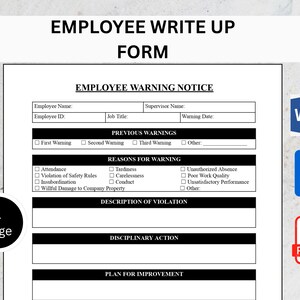 May include: Employee Write Up Form, a black and white document with fields for employee information, warnings, and disciplinary actions. Includes icons for Word, DOC, and PDF formats. The form is labeled "Employee Warning Notice."
