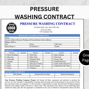 Puede incluir: Una plantilla de contrato de lavado a presión en azul y blanco. El documento incluye secciones para información comercial, servicios y detalles de pago. También hay iconos para archivos de Word, PDF y DOC.
