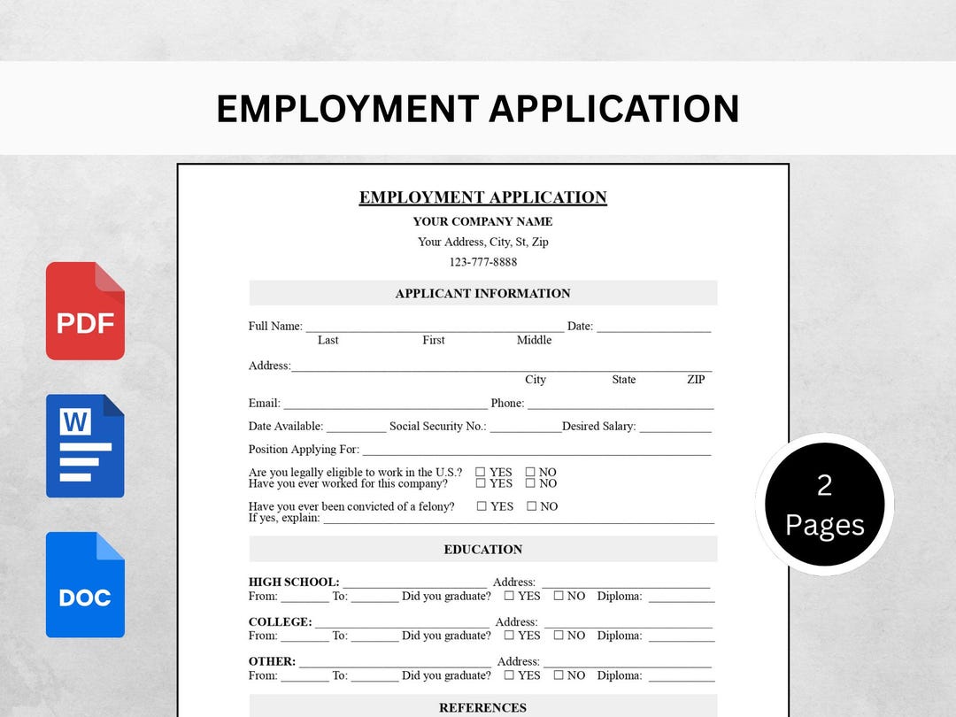 Editable Employee Application Template | HR New Hire Form (word & PDF ...