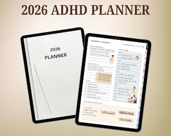 Puede incluir: Dos planificadores digitales, uno abierto, que muestra el texto "2026 ADHD PLANNER". El planificador abierto muestra un horario diario con listas de tareas y notas inspiradoras. El texto "DESIGNED FOR BUSY & NEURODIVERGENT BRAINS" está en la parte superior. El texto inferior dice "570+ HYPERLINKED PAGES | BONUS 1700+ STICKERS & COVERS".