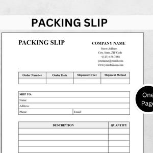 May include: A white packing slip template with the title "PACKING SLIP" at the top. The document includes fields for order details, shipping information, and a description of the items. Icons for Word and Doc files are on the left, and a "One Page" graphic is on the right.