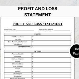 May include: A black and white document titled "PROFIT AND LOSS STATEMENT" with sections for income and expenses. Includes icons for Word, DOC, and PDF files. A "One Page" graphic is also present.