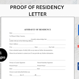 Puede incluir: Una plantilla de Carta de Prueba de Residencia con el título "AFFIDAVIT OF RESIDENCE". El documento incluye campos para la fecha, la dirección y las firmas. Los iconos de los formatos de archivo DOC, PDF y W están a la derecha.