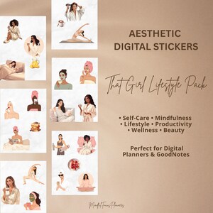 May include: Digital stickers with an aesthetic theme, showcasing illustrations of self-care activities. The stickers depict women in bathrobes, doing yoga, applying face masks, and enjoying breakfast. Text reads "That Girl Lifestyle Pack."
