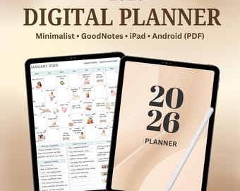 Planejador digital 2026 para iPad | PDF com hiperlinks para GoodNotes e Notability | Planejador minimalista de produtividade
