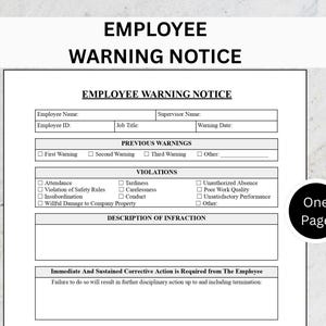 Può includere: Un modello di avviso di richiamo per dipendenti con campi per le informazioni sui dipendenti, i richiami precedenti e le violazioni. Il documento include sezioni per la presenza, le norme di sicurezza e la condotta.