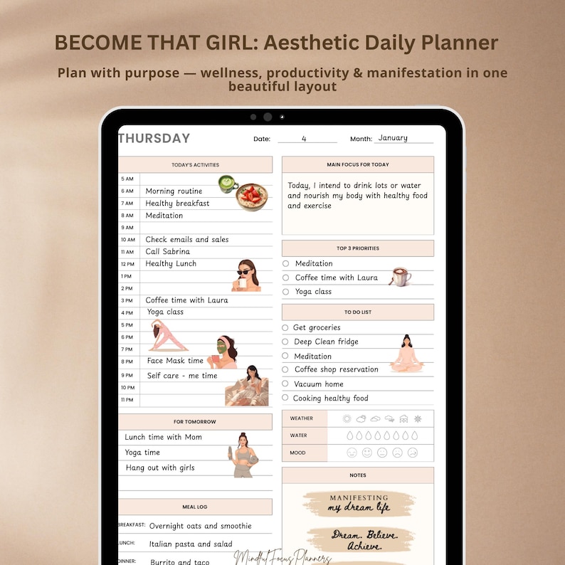 May include: Digital daily planner on a tablet, with a Thursday layout including activity schedules, priorities, and a to-do list. The planner features the text: "BECOME THAT GIRL" and "Manifesting my dream life."