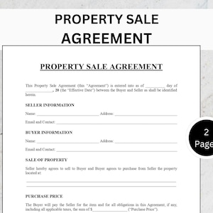 May include: A Property Sale Agreement document titled "PROPERTY SALE AGREEMENT". It features sections for Seller and Buyer details, and purchase price. Icons for Word, Doc, and PDF files are visible. The document is two pages long.