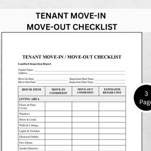 May include: A tenant move-in and move-out checklist document with the title "TENANT MOVE-IN / MOVE-OUT CHECKLIST". The document includes sections for house items, move-in and move-out conditions, and estimated repair costs. Icons for PDF, Word, and DOC files are visible.