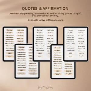 May include: Digital affirmation cards on tablets, featuring motivational quotes. The cards have a minimalist design with a neutral colour scheme. Text includes phrases such as "I am enough" and "Embrace your soul". Available in five colours.