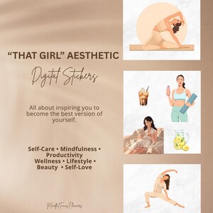 May include: "That Girl" aesthetic digital stickers with illustrations of self-care activities. The image includes text: "All about inspiring you to become the best version of yourself." Keywords: Self-Care, Mindfulness, Productivity, Wellness, Lifestyle, Beauty, Self-Love.