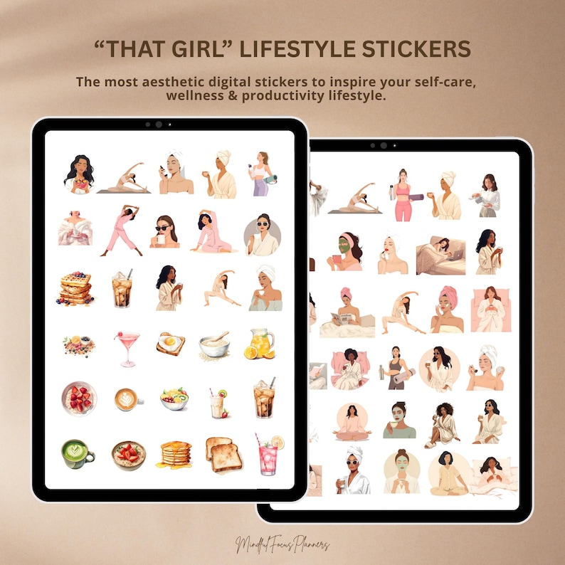 May include: Digital stickers on a tablet screen showing illustrations of self-care activities, such as yoga, skincare, and enjoying food and drinks. The text at the top reads "THAT GIRL" LIFESTYLE STICKERS.