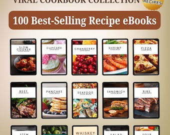 May include: A collection of 100 best-selling recipe eBooks. The image displays various cookbook covers, including Slow Cooker, Cupcake, Cranberry, Shrimp, Pizza, Beef, Pancake, Seafood, Sandwich, Ribs, Stew, Vegetarian, Whiskey, Salad, and Soup.