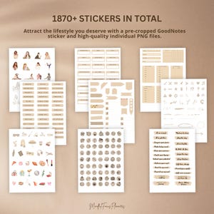 May include: Digital planner stickers in beige and brown tones, with illustrations and text labels. The image shows a variety of designs, including icons and text phrases. The text "1870+ STICKERS IN TOTAL" is visible. Ideal for digital planning.