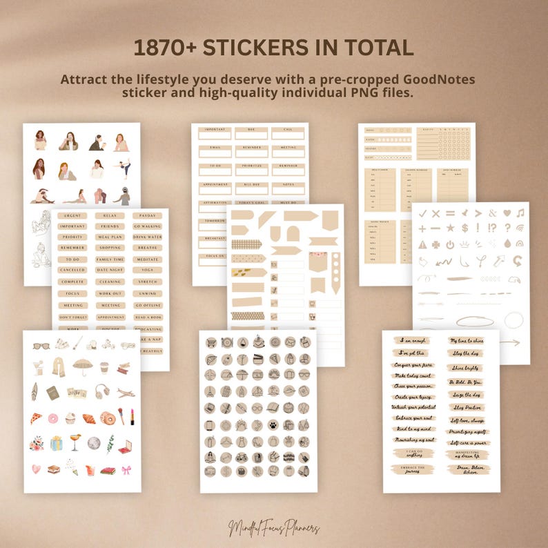 May include: Digital planner stickers in beige and brown tones, with illustrations and text labels. The image shows a variety of designs, including icons and text phrases. The text "1870+ STICKERS IN TOTAL" is visible. Ideal for digital planning.