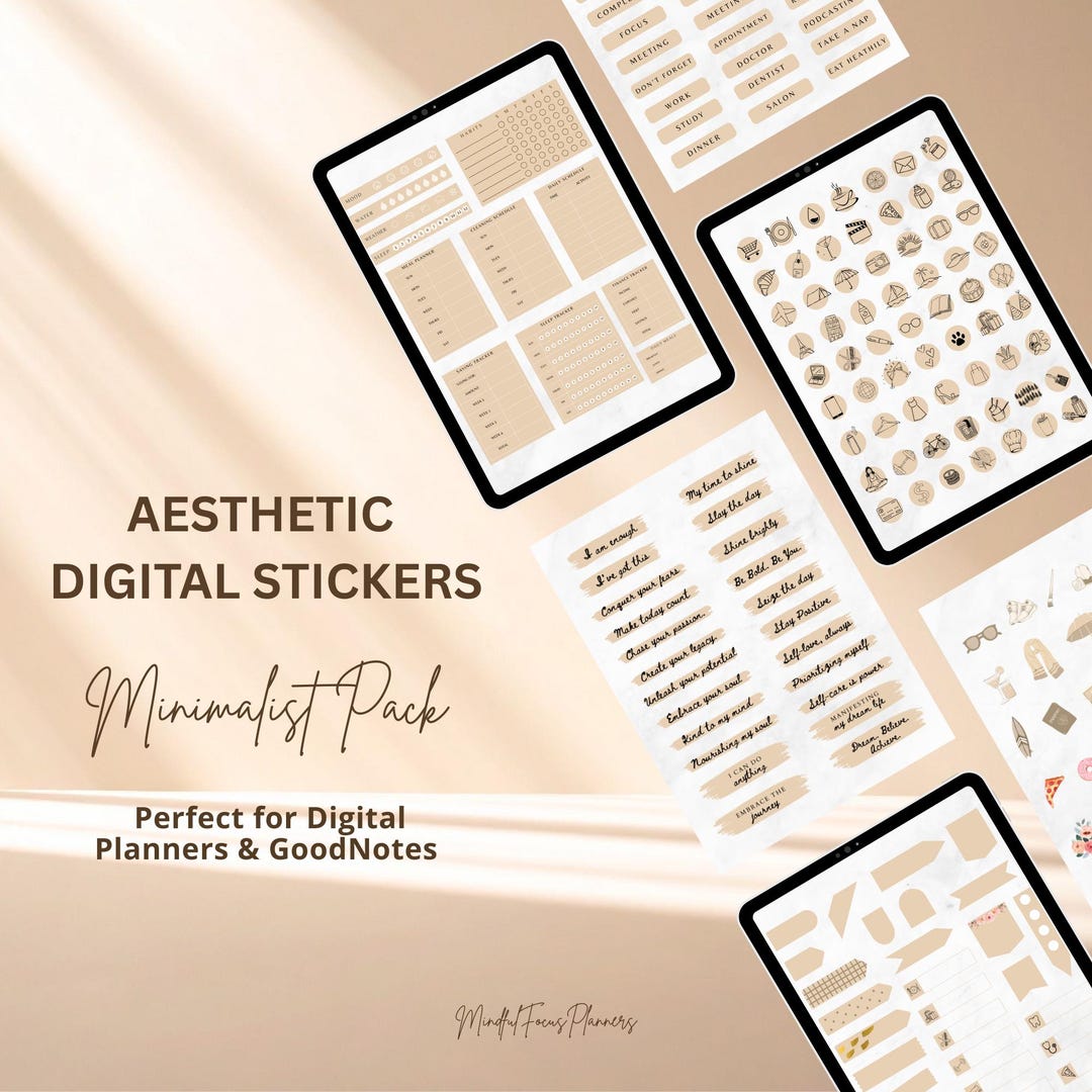 1700 Minimalist Digital Planner Stickers | Neutral Pre-cropped Pngs for ...
