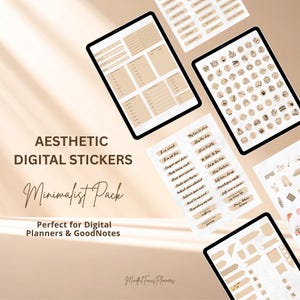 May include: Digital stickers in a minimalist pack, displayed on tablets. The stickers are beige and brown, with various designs for digital planners. Text includes "Perfect for Digital Planners & GoodNotes".