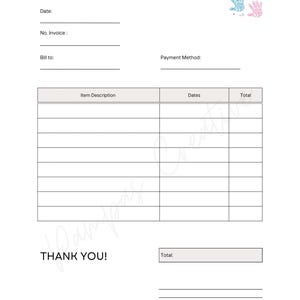 May include: A white childcare invoice template with the title "CHILDCARE INVOICE" in bold black letters. The form includes fields for date, invoice number, bill to, payment method, item description, dates, and total. Decorative handprints in blue, purple, and pink are in the upper right corner.