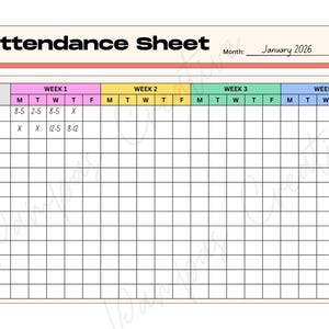 Puede incluir: Una hoja de asistencia imprimible con el título "Attendance Sheet". La hoja está dividida en secciones semanales con columnas para cada día de la semana. El mes es enero de 2026.