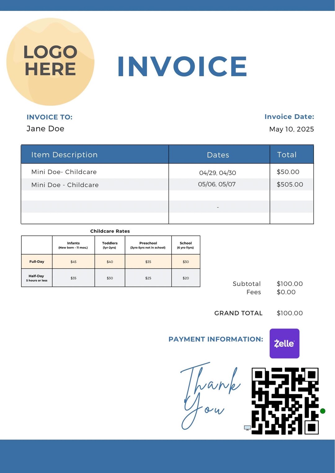 Editable Childcare Invoice Template | Daycare Receipt | Babysitting ...