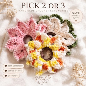 April 15% OFF! Crochet Scrunchie Set | Pick 2 or 3 Handmade Floral Scrunchies | Soft No Pull Hair Ties | Boho Hair Accessories, Remember Mom