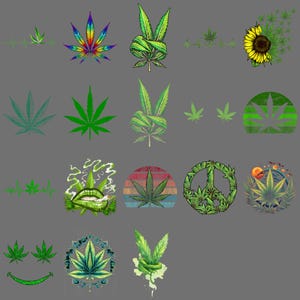 May include: A selection of cannabis leaf designs in different styles. The designs include a rainbow-coloured leaf, a leaf tied in a knot, a sunflower, and a peace sign made of leaves. The colour palette includes green, red, yellow, and blue.