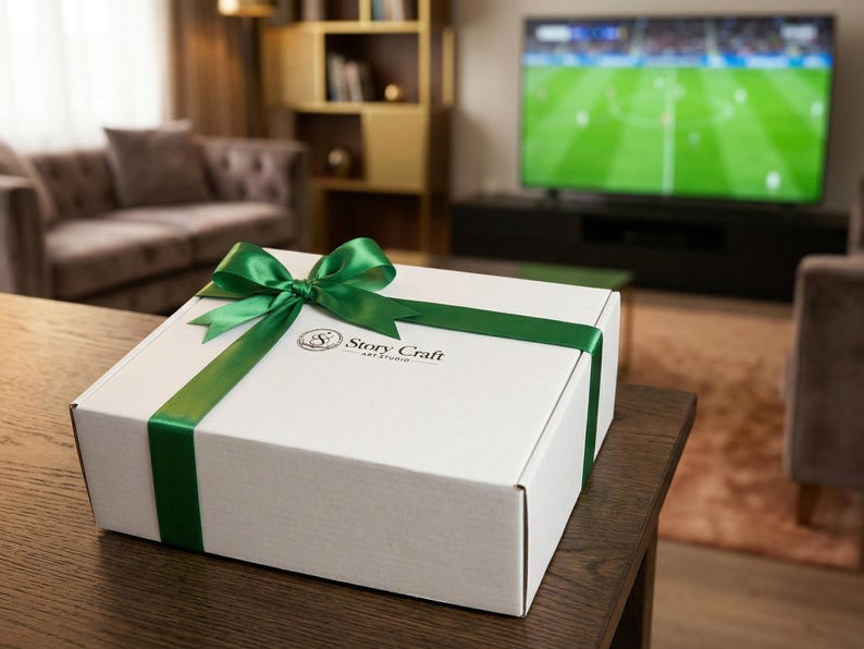 May include: A white gift box with a green satin ribbon and bow. The box has the text "Story Craft Art Studio" printed on the top. The box is sitting on a dark brown wooden table in a living room setting.