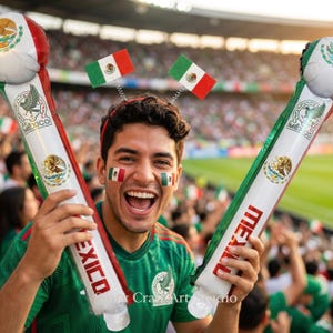 May include: A person holding two inflatable noisemakers with the Mexican flag colors and emblem. The person is wearing a green shirt and has the Mexican flag painted on their cheeks. The background shows a stadium filled with people.