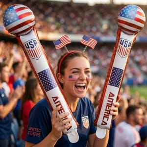 May include: A person is smiling and holding two red, white, and blue inflatable noisemakers with "USA" and "AMERICA" printed on them. The noisemakers have a star-spangled banner design. The person is wearing a blue shirt with "USA" printed on it.