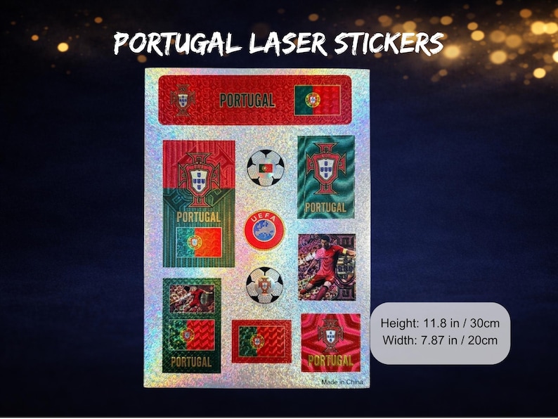 May include: Sheet of holographic Portugal laser stickers. The stickers feature the Portuguese flag, soccer balls, and the word "Portugal." The sheet measures 11.8 inches high and 7.87 inches wide.