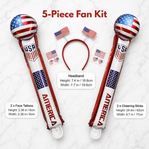 May include: A 5-piece fan kit with patriotic themes. Includes two cheering sticks (24.4 in/62cm), a headband (7.4 in/18.8cm), and two face tattoos (2.36 in/6cm). The kit features red, white, and blue colors with "USA" and "AMERICA" text.