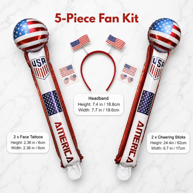 May include: A 5-piece fan kit with patriotic themes. Includes two cheering sticks (24.4 in/62cm), a headband (7.4 in/18.8cm), and two face tattoos (2.36 in/6cm). The kit features red, white, and blue colors with "USA" and "AMERICA" text.