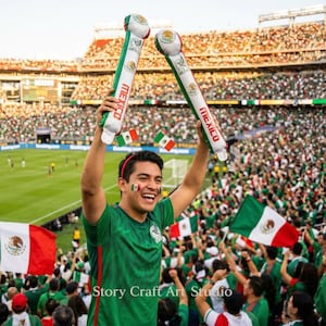 Puede incluir: Dos bastones de animaci&oacute;n inflables con la palabra MEXICO y el emblema de la bandera mexicana, sostenidos en alto por una persona con una camiseta verde en un estadio lleno. Los bastones son blancos con rayas verdes y rojas y el escudo nacional.