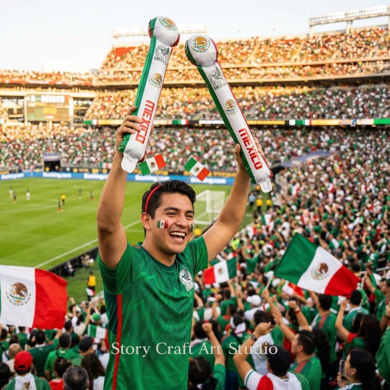 Puede incluir: Dos bastones de animaci&oacute;n inflables con la palabra MEXICO y el emblema de la bandera mexicana, sostenidos en alto por una persona con una camiseta verde en un estadio lleno. Los bastones son blancos con rayas verdes y rojas y el escudo nacional.