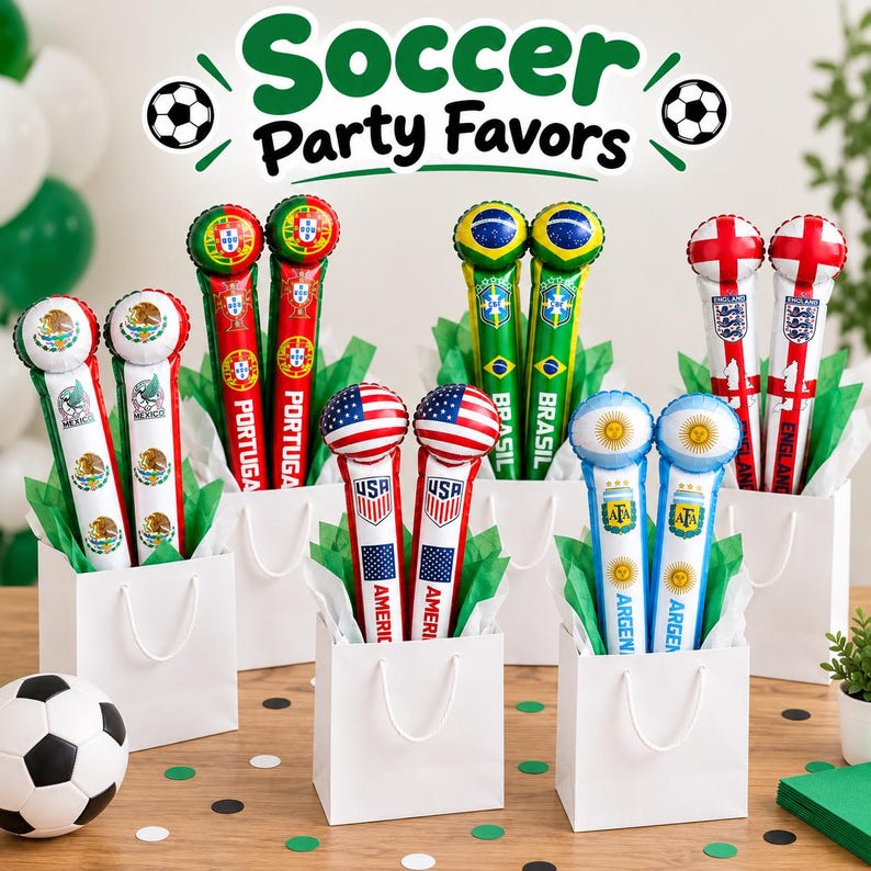May include: A collection of inflatable cheering sticks in white gift bags, each pair featuring national flags and team names including Mexico, Portugal, Brazil, England, USA, and Argentina. The text Soccer Party Favors appears above.