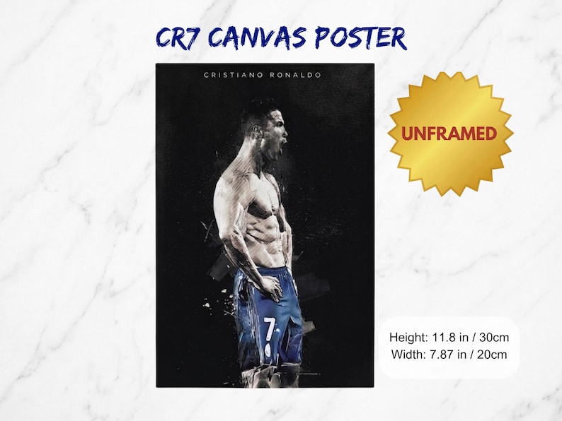 May include: A canvas poster featuring a stylized image of Cristiano Ronaldo. The poster has the text "CR7 CANVAS POSTER" at the top and "CRISTIANO RONALDO" below the image. The poster is 11.8 inches high and 7.87 inches wide. The poster is unframed.
