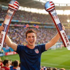 May include: Two inflatable USA-themed noisemakers with red, white, and blue designs. Each noisemaker has a star-spangled ball at the top and the word "AMERICA" printed on the side. The background shows a stadium filled with people.