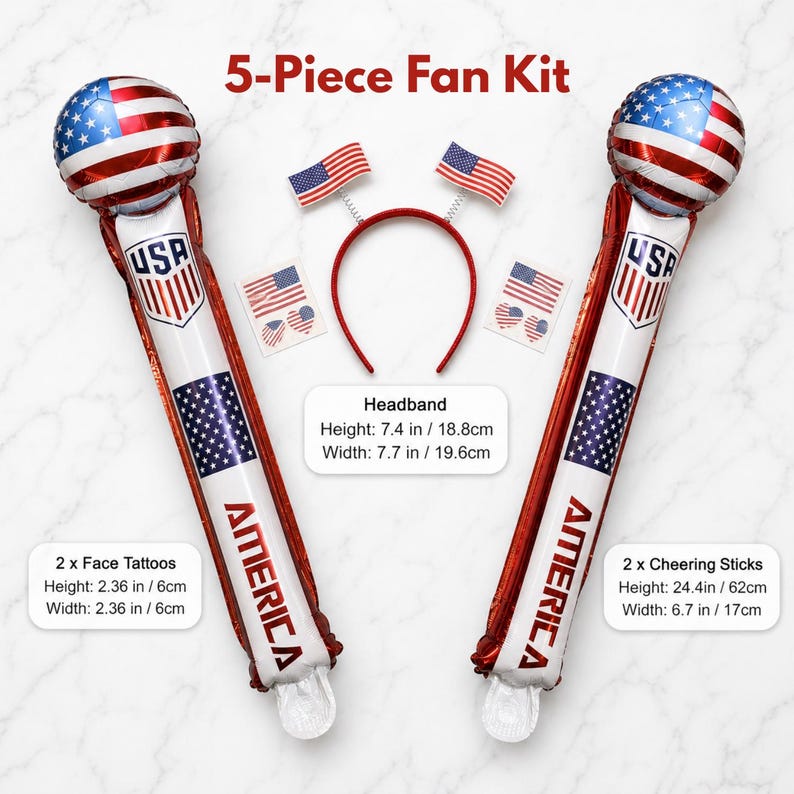 Puede incluir: Un kit de aficionado de 5 piezas que incluye dos bastones de animaci&oacute;n inflables con balones de f&uacute;tbol con la bandera de EE. UU., una diadema roja con dos banderas peque&ntilde;as en resortes y dos tatuajes faciales. Medidas: 62x17 cm, 18.8x19.6 cm y 6x6 cm.