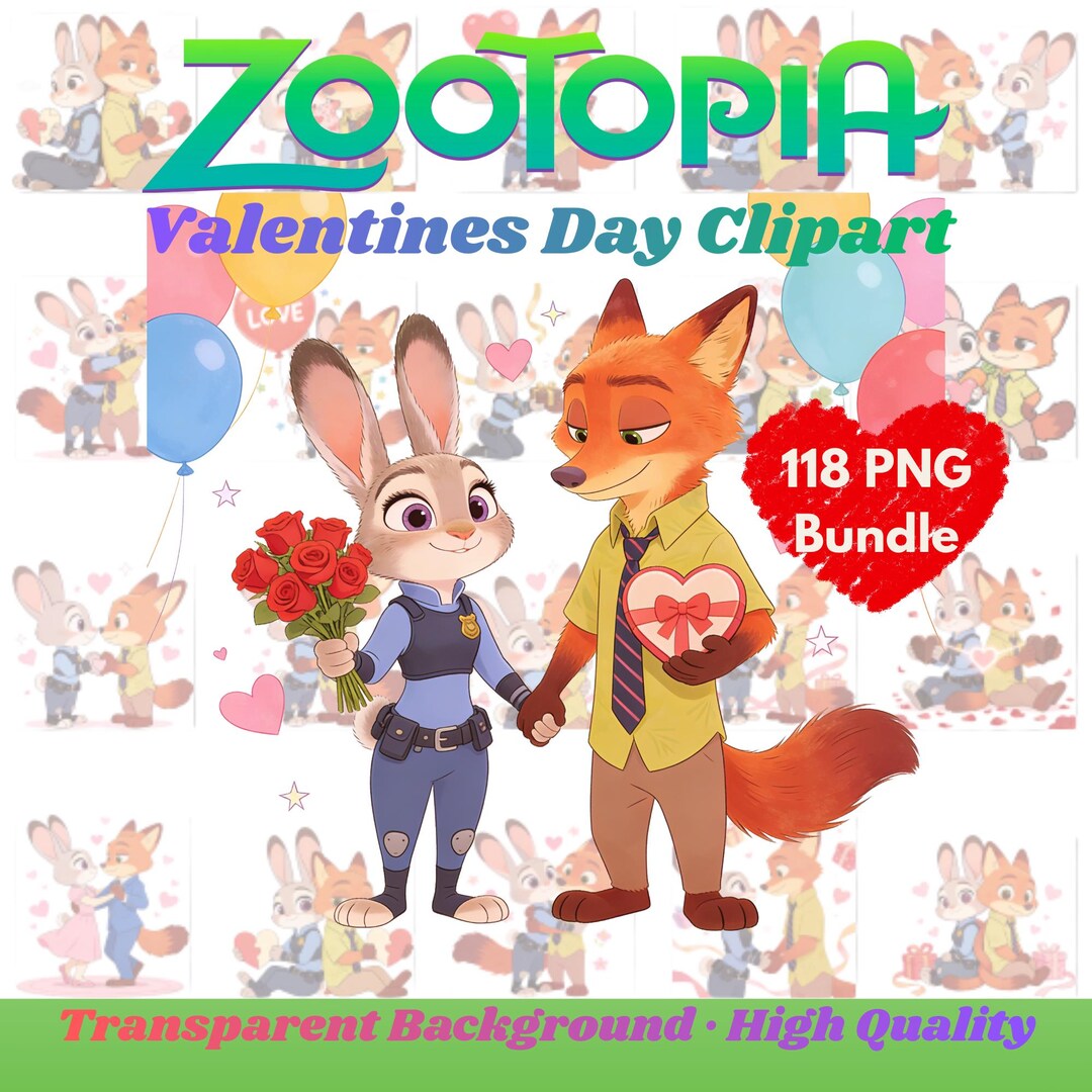 Zootopia Digital Design PNG Bundle, Valentines Day Theme, Nick and Judy ...