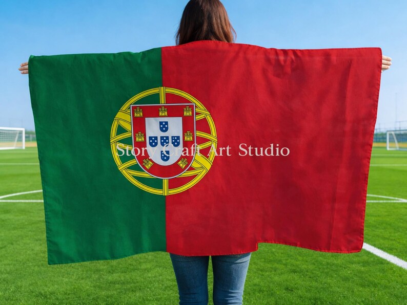 May include: A large rectangular flag of Portugal, with a green field on the left and a red field on the right. The Portuguese coat of arms is centered on the green and red division. The text "Stor craft Art Studio" is printed on the flag.